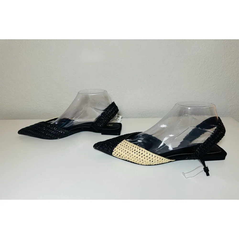 ZARA‎ Woven Rafia Pointed Toe Black Tan Slingback Flat Sandal Women US 7.5 NEW - Picture 2 of 12